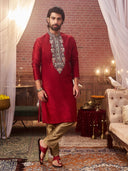 Red Mysore Silk Kurta Set with embroidery