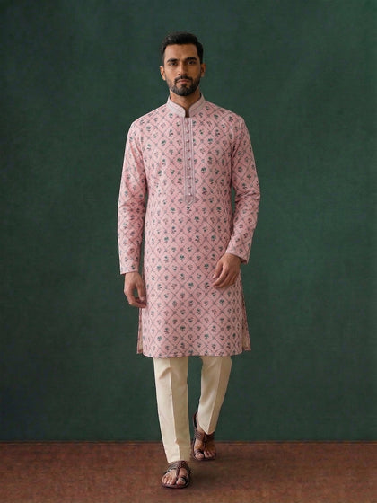 Peach Silk Kurta Set with Cream Aligarhi – Floral Ethnic Wear for Men