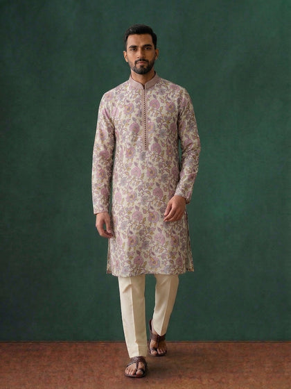Pink Silk Kurta Set with Cream Aligarhi for Men – Floral Ethnic Wear