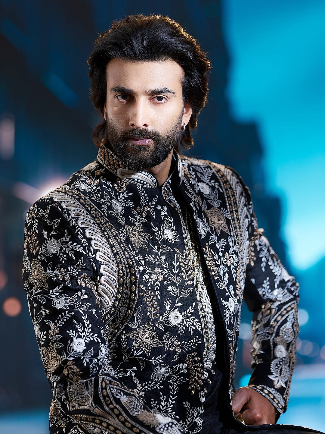 Elegant Black Embroidered Indo-Western Set with Aligarhi | Worn by Mee