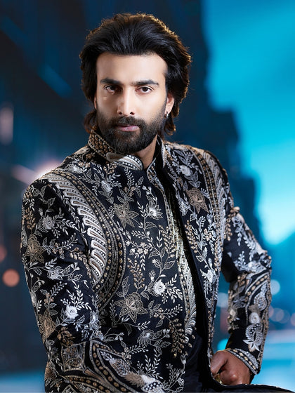 Elegant Black Embroidered Indo-Western Set with Aligarhi | Worn by Meezaan Jafri | Kora by Nilesh Mitesh