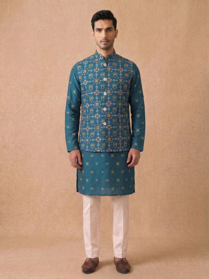 Rama Green Silk Kurta Jacket Set with White Aligarhi for Men – Floral Ethnic Wear