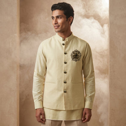Cream Linen Bandi Shirt with Animal Design Embroidery