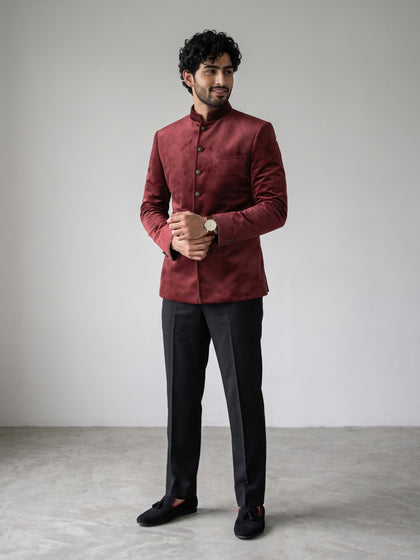Dark Wine Velvet Embroidered Jodhpuri Set