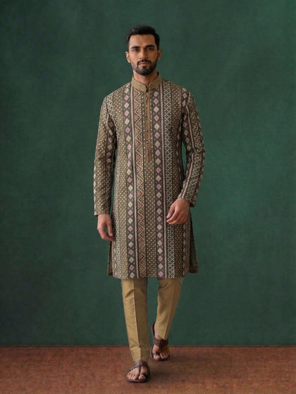 Green Silk Kurta Set with Antique Gold Aligarhi for Men – Embroidered Ethnic Wear