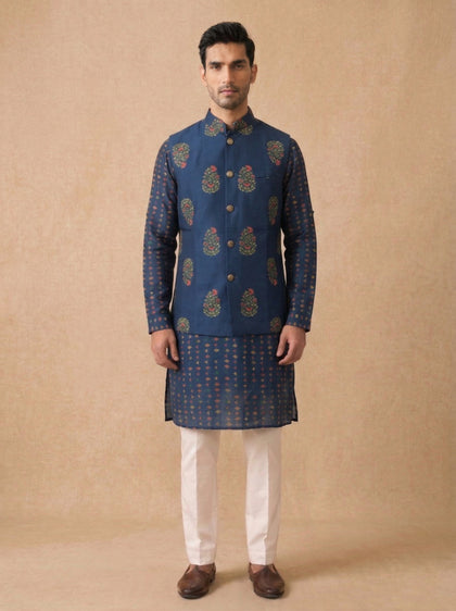 Navy Blue Silk Kurta Jacket Set with Cream Aligarhi for Men – Paisley Ethnic Wear