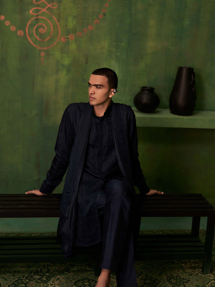 Men’s Midnight Blue Kurta Set with Dupatta and Aligarhi Bottoms