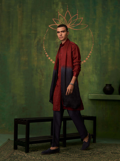 Maroon–Black Ombre Kurta Set with Attached Dupatta and Aligarhi Pants