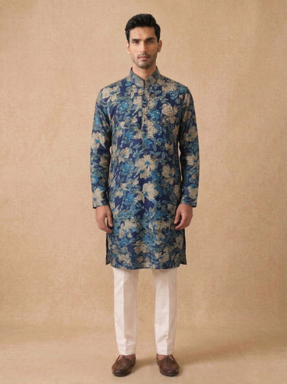 Blue Silk Kurta Set for Men with Floral Print and Embroidery and White Aligarhi Bottom