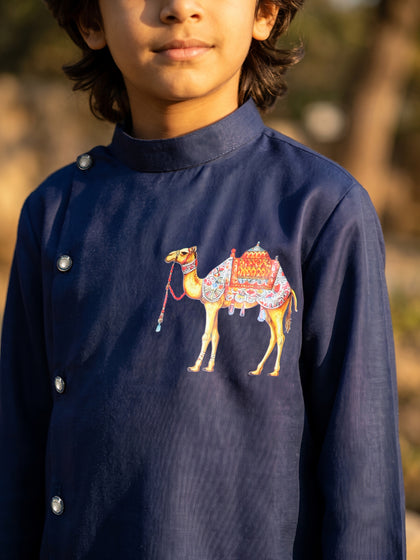Navy Blue Linen Satin Side-Open Camel Printed Kurta with Off-White Aligarhi Pants for Boys