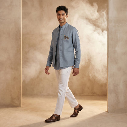Blue Linen Bandi Shirt with Animal Design Embroidery