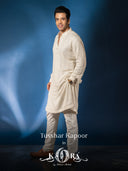 Tusshar Kapoor keeps it classic in our cream Lucknowi silk embroidered kurta with aligadhi.