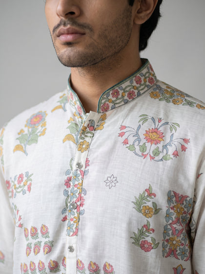 Grey Satin Linen Floral Printed Kurta Set with White Palazzo for Men