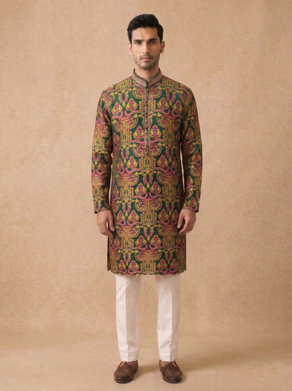 Green Jacquard Silk Kurta Set with White Aligarhi for Men – Ethnic Wear