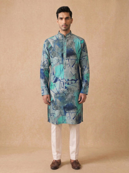 Blue Silk Kurta Set with White Aligarhi for Men – Abstract Ethnic Wear