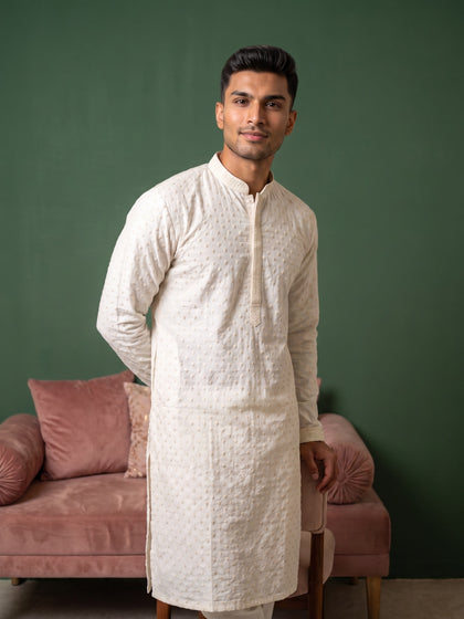 Off-White Silk Embroidered Kurta with White Aligarhi Bottoms