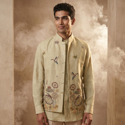 Natural Linen Bandi Shirt with Floral Design Embroidery