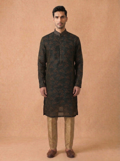 Blue Multi Silk Kurta Set for Men with Kalamkari Print & Antique Gold Aligarhi Bottom