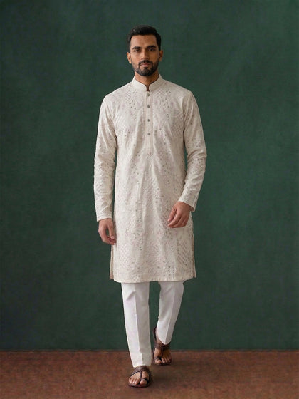 Pink Silk Kurta Set with White Aligarhi for Men – Resham Work Ethnic Wear