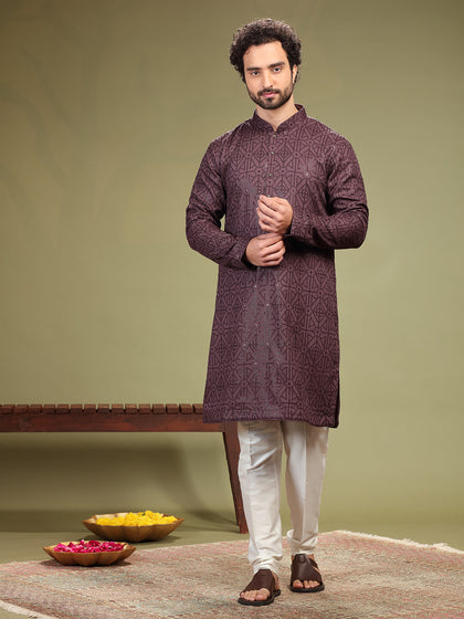 Brown Kurta with sequence work and Aligadi pants.