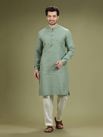 Olive Green Casual Linen Kurta Set