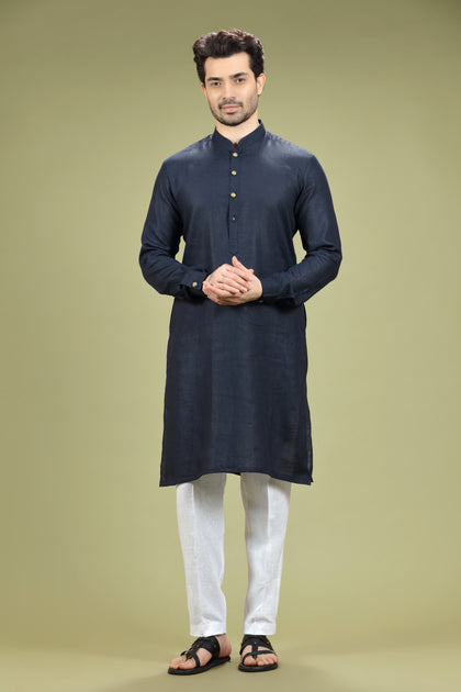 Plain Cosmic Navy Casual Linen Kurta