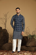 Ink Navy Printed Kurta With Bundi Set For Men