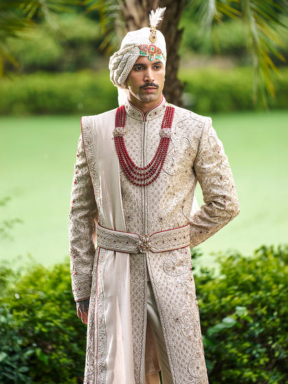 Majestic Light Fawn Sherwani in Tissue Silk – Designed for the Modern-Day Royal