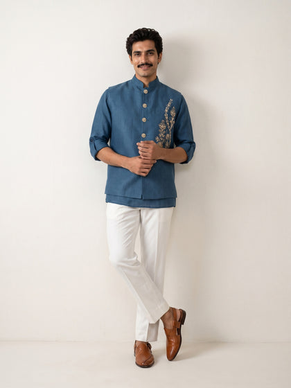 Peacock Blue Linen Bandi Shirt with Gold Botanical & Lion Hand Embroidery for Men