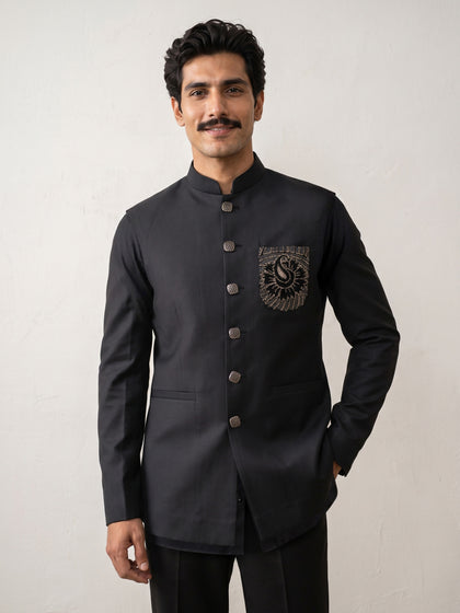 Black Terry Rayon Bandi Shirt with Zari Embroidered Velvet Pocket for Men