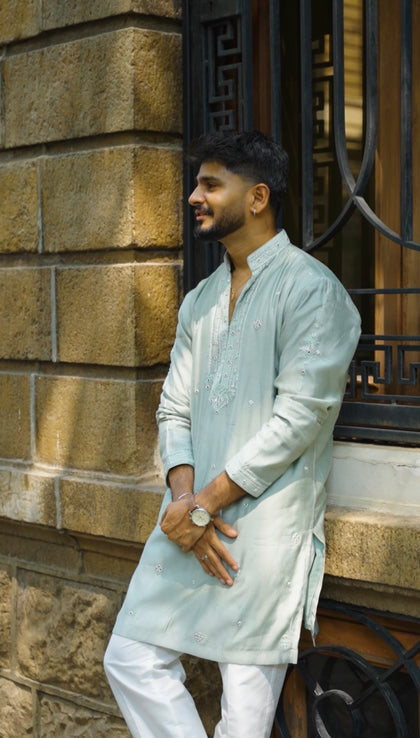 Powder Blue Premium Silk Kurta Alighari with Mirror Work