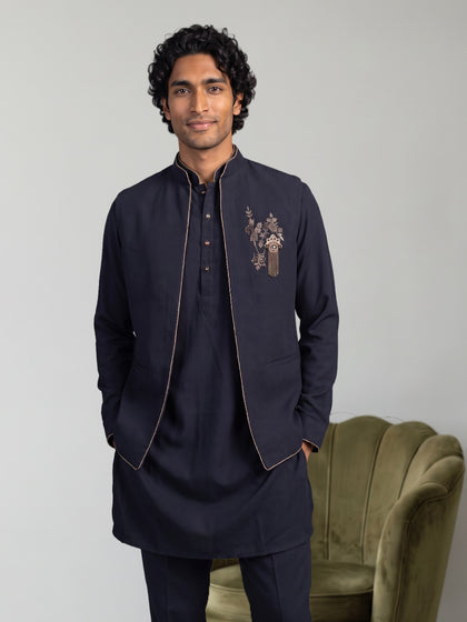 Navy Blue Rayon Chinese Collar Set with Piping Trim & Embroidered Crest Detail