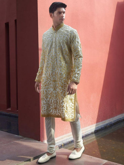 Mustard Yellow Ombre Embroidered Silk Kurta for Men