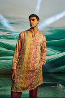 Mustard Kurta Set in Silk with Multi-Coloured Prints and Highlight Embroidery