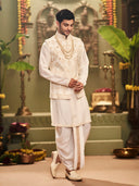 Muhurtham set with Foil gold patch with embroidery on Bundi, Kurta, and Dhoti - KORANM