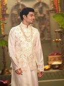 Muhurtham set with Foil gold patch with embroidery on Bundi, Kurta, and Dhoti - KORANM