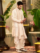 Muhurtham set with Aali Zardozi work on Kurta, Bundi, Stole, and Dhoti - KORANM