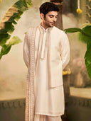 Muhurtham set with Aali Zardozi work on Kurta, Bundi, Stole, and Dhoti - KORANM