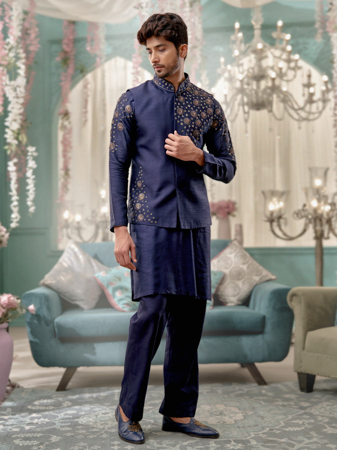Buy Navy Blue Embroidered Kurta Jacket Set with Aligarhi Pants