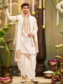 Muhurtham set with Gold foil print zari work on Kurta, Bundi, Stole, and Dhoti