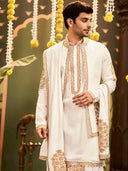 Muhurtham set with Gold foil print zari work on Kurta, Bundi, Stole, and Dhoti - KORANM