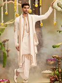 Muhurtham set with Gold foil print zari work on Kurta, Bundi, Stole, and Dhoti - KORANM