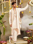 Muhurtham set with Gold foil print zari work on Kurta, Bundi, Stole, and Dhoti - KORANM