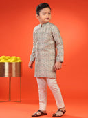 Floral Printed Button-down Brocade Kurta For Kid Boys