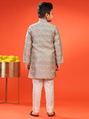 Floral Printed Button-down Brocade Kurta For Kid Boys