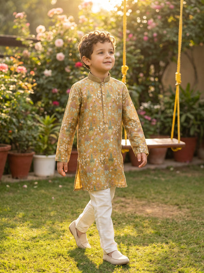 Mustard Satin Silk Floral Printed Kurta with Cream Aligarhi Pant Set for Boys