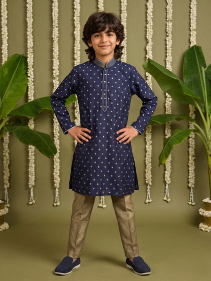 Navy Blue Printed Cotton Linen Kurta with Antique Gold Aligarhi Pants for Boys