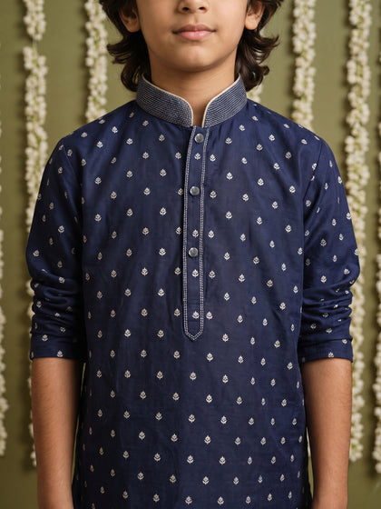 Navy Blue Printed Cotton Linen Kurta with Antique Gold Aligarhi Pants for Boys