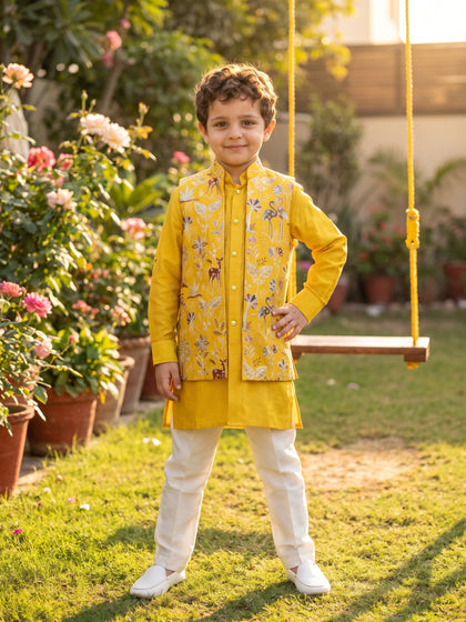Yellow Silk Kurta with Off-White Aligarhi Pant and Embroidered Bandi Jacket for Boys