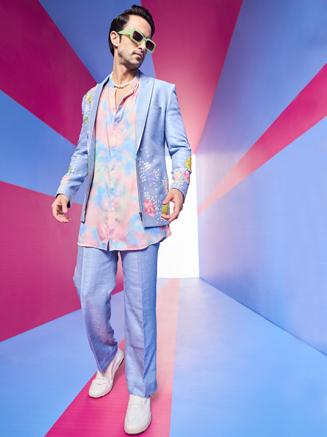 Blue Blazer Sets with Embroidered Floral Work Blazer and Pants